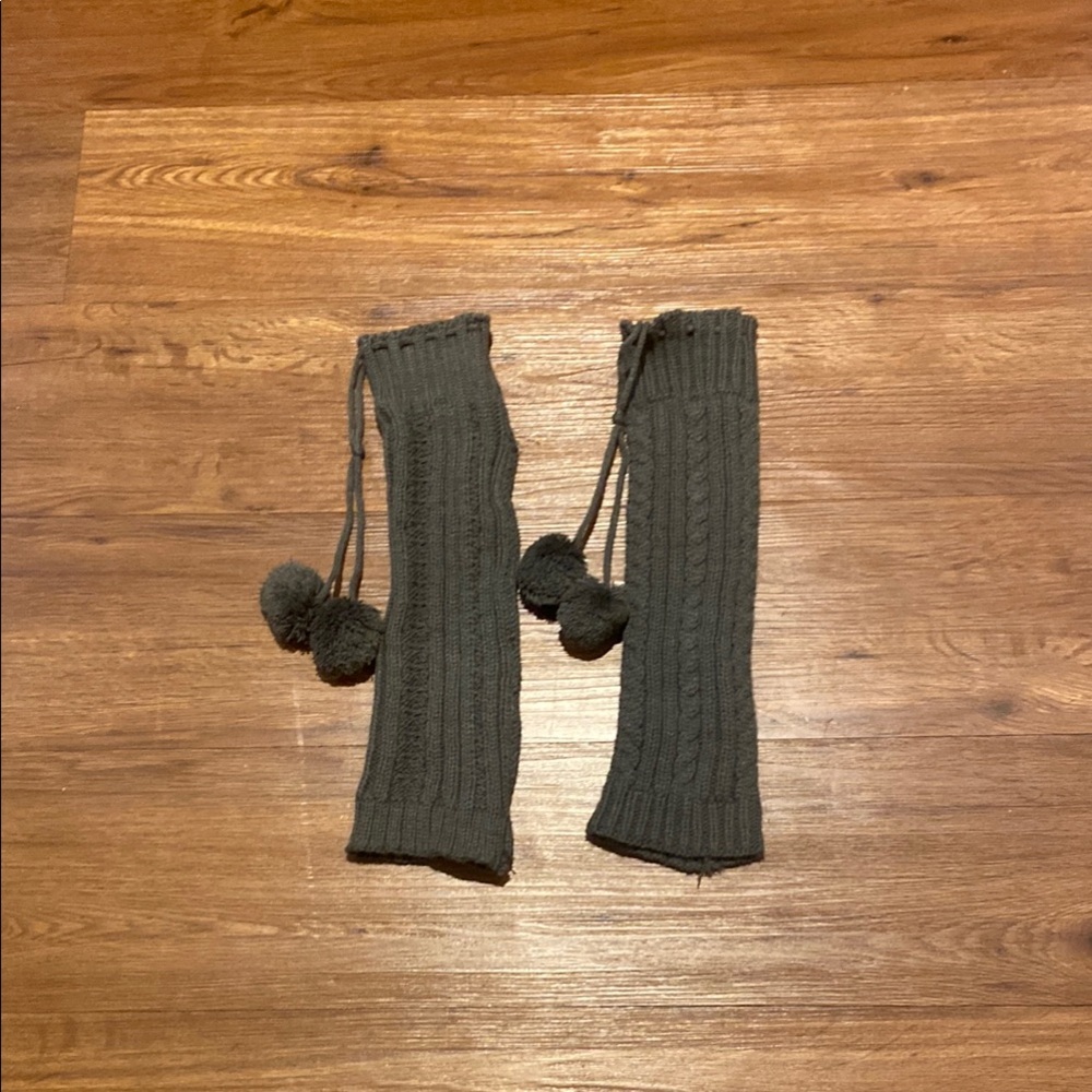 Gray Knit Leg Warmers with Pom Poms